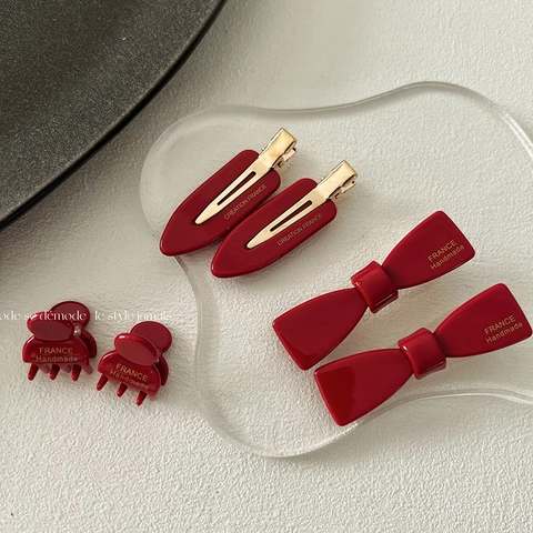 Set di Mini Fermagli per Capelli Rosso Vino in Stile Coreano Per Donna Fiocco Clip a Becco d'Anatra e Mini Artiglio per Capelli con Scritta France Handmade