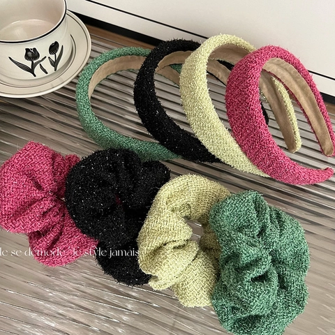 Vintage Tweed Wide Headband And Large Scrunchie Set With Glitter Metallic Silk French Style Hair Accessories For Women