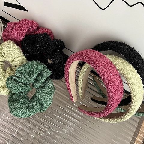 Vintage Tweed Wide Headband And Large Scrunchie Set With Glitter Metallic Silk French Style Hair Accessories For Women
