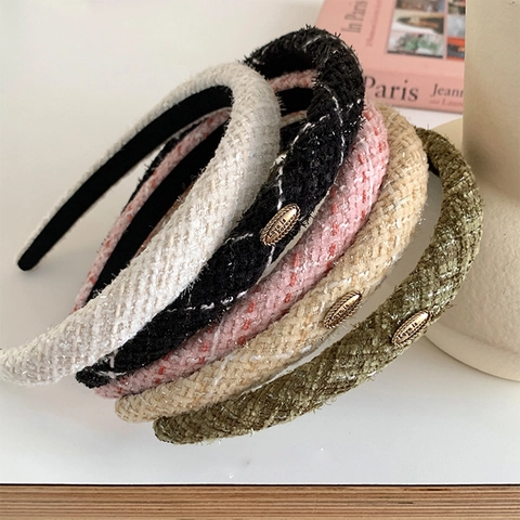 Französischer Vintage Tweed Haarreif Damen Elegant Gewebter Stoff Stirnband Mit Metall Dekoration Retro Haarschmuck
