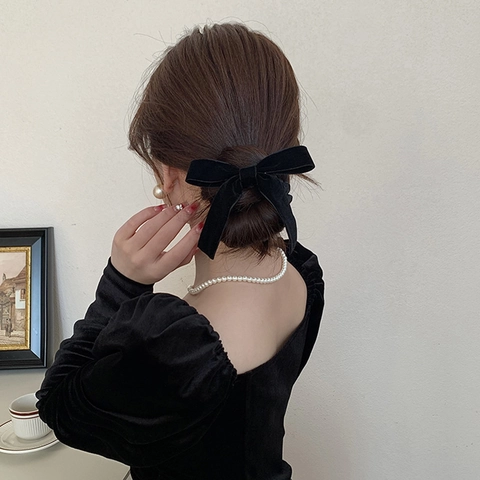 Scrunchie a Fiocco in Velluto Nero per Donna Vintage Francese Elegante Elastico per Capelli con Fiocco in Nastro Oversize Accessori