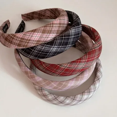 Vintage Plaid Padded Headband For Women Korean Fabric Tartan Wide Hairband Handmade Gingham Headpiece Fashion Hair Accessories