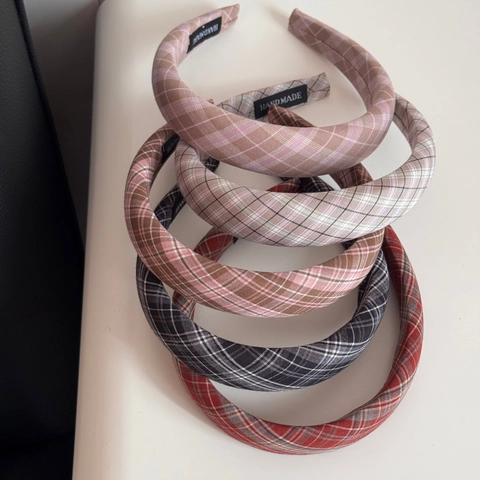 Vintage Plaid Padded Headband For Women Korean Fabric Tartan Wide Hairband Handmade Gingham Headpiece Fashion Hair Accessories