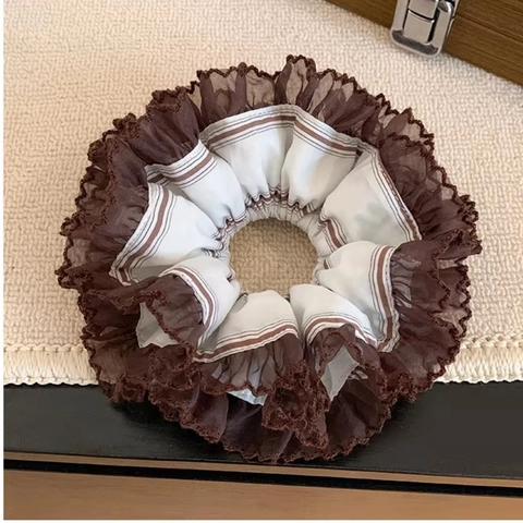 Scrunchie Francese Vintage in Pizzo a Righe Doppio Strato in Tessuto Elastico per Capelli Stile Mori Girl Accessorio Quotidiano Donna