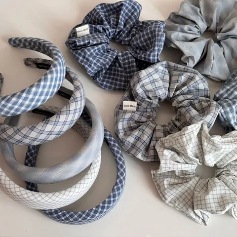 Korean Style Blue Plaid Fabric Scrunchie Handmade Gingham Houndstooth Headband Fashion Hair Accessories For Women Girls