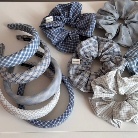 Korean Style Blue Plaid Fabric Scrunchie Handmade Gingham Houndstooth Headband Fashion Hair Accessories For Women Girls