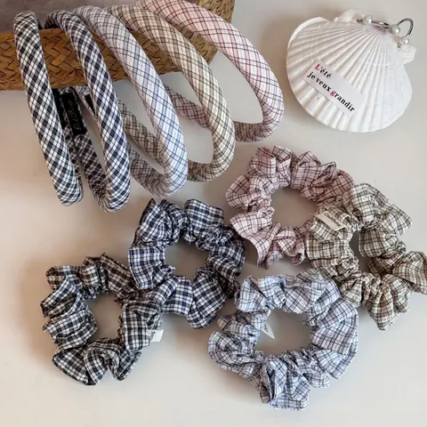 Elastici per Capelli in Tessuto Plaid Minimalista Coreano Cerchietto Vintage Gingham Fascia per Capelli Plissettata per Donna Accessori