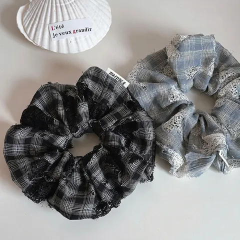 Elegantes Coleteros de Encaje a Cuadros Franceses para Mujer Accesorios para el Cabello de Tela Calada de Celosía Plisada Retro Cuerda de Pelo