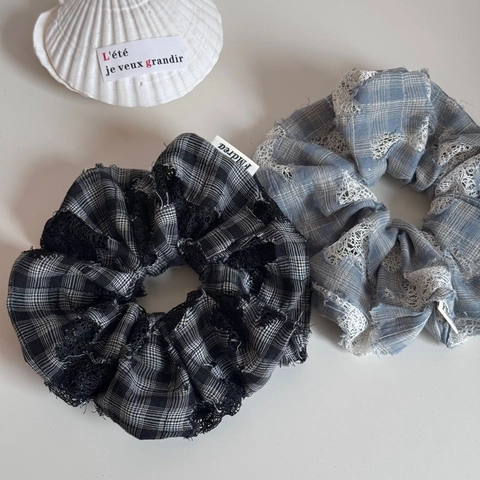 Elegantes Coleteros de Encaje a Cuadros Franceses para Mujer Accesorios para el Cabello de Tela Calada de Celosía Plisada Retro Cuerda de Pelo