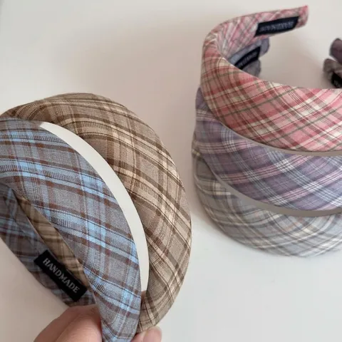 Koreanischer Stil Vintage Karierter Stoff Breites Stirnband Für Damen Handgefertigtes Haarband Retro Lässig Mode Haarschmuck