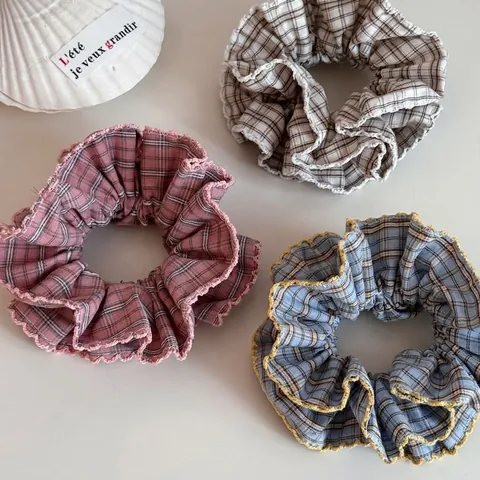 Chouchous à Carreaux de Style Coréen pour Femmes Doux Bordure en Dentelle Anneaux de Cheveux en Tissu Élastiques Support de Queue de Cheval