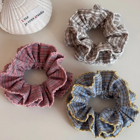 Chouchous à Carreaux de Style Coréen pour Femmes Doux Bordure en Dentelle Anneaux de Cheveux en Tissu Élastiques Support de Queue de Cheval