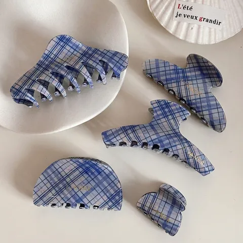 Pinza per Capelli Donna a Quadri Blu e Bianchi Grande Fermaglio a Forma di Squalo Stile Coreano Accessori per Capelli Geometrici