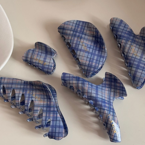 Pinza per Capelli Donna a Quadri Blu e Bianchi Grande Fermaglio a Forma di Squalo Stile Coreano Accessori per Capelli Geometrici