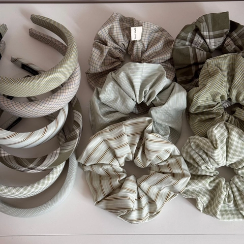 Korean Style Fresh Green Fabric Hair Scrunchies Headbands Set Handmade Plaid Striped Large Hair Ties Hairbands Women Jewelry