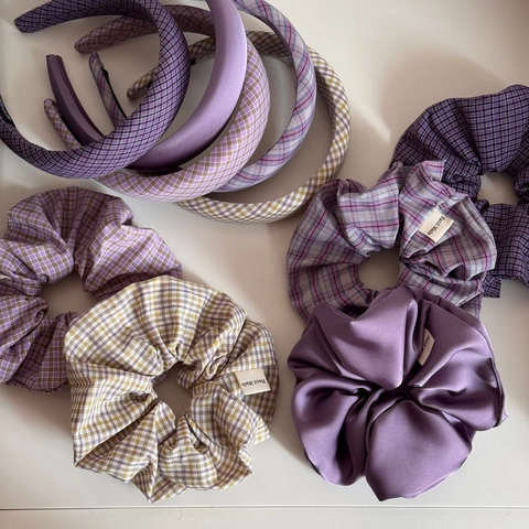 Purple Series Plaid Fabric Scrunchies And Padded Headbands Handmade Korean Style Soft Hair Accessories For Women Daily Decoration