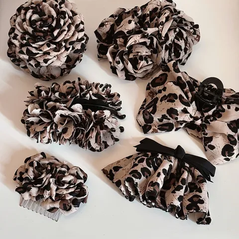 Elegant Leopard Print Flower Hair Claw Clip Bow Fabric Banana Clip Vintage Hair Accessories For Women Daily Styling Decoration