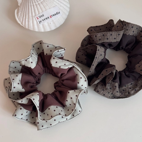 Chouchou Vintage en Patchwork à Pois pour Femmes Large Élastique à Volants en Tissu Souple Accessoire de Coiffure à la Mode Coréenne