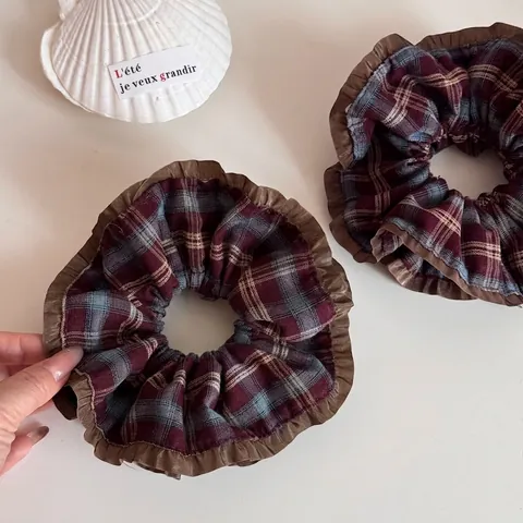Coleteros de Tela de Cuadros Vintage Con Borde de Volantes Estilo Coreano Gomas de Pelo Elásticas Grandes Mujer Accesorios
