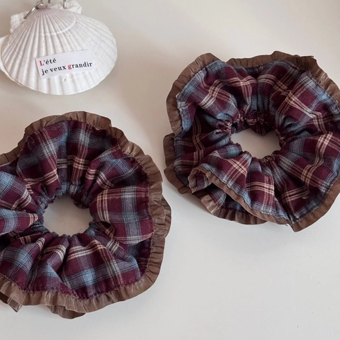 Coleteros de Tela de Cuadros Vintage Con Borde de Volantes Estilo Coreano Gomas de Pelo Elásticas Grandes Mujer Accesorios