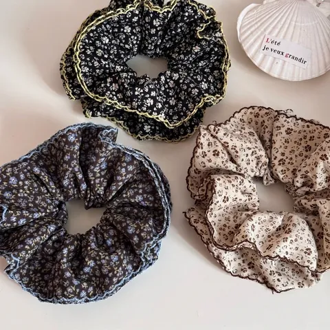 Chouchous Floraux Géants pour Femmes Style Coréen Bordure Ondulée Attaches de Cheveux en Tissu Vintage Pois Bandeau Élastique