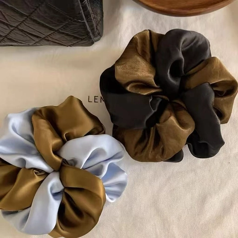 Chouchou en Satin Grand Bloc de Couleur Surdimensionné Plissé Élastique Cheveux Élégant Tissu Aspect Soie Pour Femmes Décor Quotidien