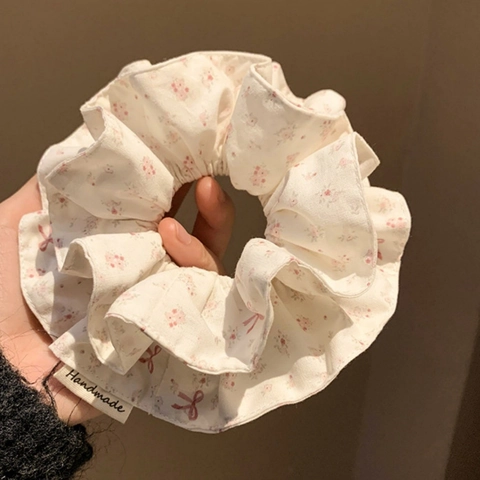 Sweet Floral Bow Fabric Scrunchie Handmade Ruffled Hair Tie Elegant Pink Flower Elastic Hair Ring For Women Accessories