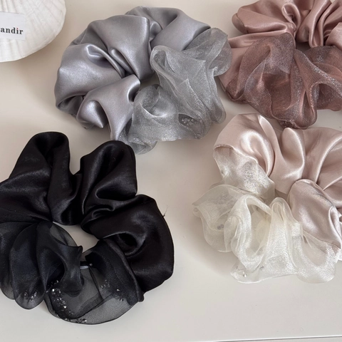 Élégants Chouchous en Satin Organza Bloc de Couleur Strass Scintillants Grands Élastiques Cheveux pour Femmes Quotidien