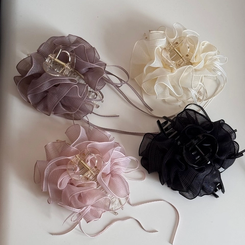 Elegante Geplooide Organza Mesh Bloem Haarklem Voor Vrouwen Romantische Florale Haarklem Lint Kwast Grote Haaraccessoires