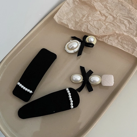 Mollette per Capelli a Coccodrillo in Tessuto di Velluto Nero Vintage Francese Con Perle Artificiali e Fiocco in Strass per Donna