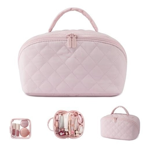 Quilted Polyester Makeup Bag Large Capacity Multi Compartment Travel Cosmetic Organizer With Handle Zipper And Clear PVC Pouch