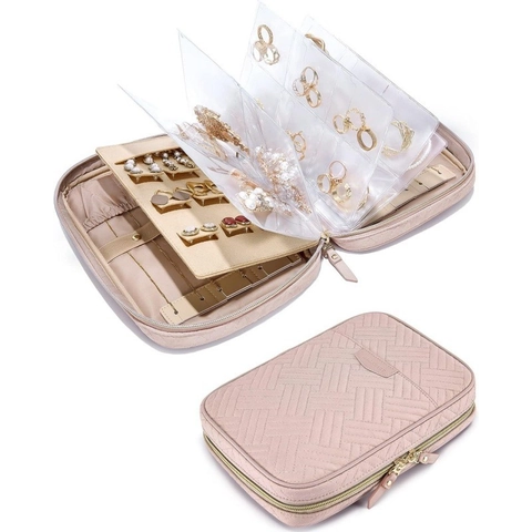 Borsa Organizzatore da Viaggio per Gioielli Portatile Trapuntata in Poliestere Impermeabile Custodia a Fogli Mobili per Collane Orecchini Anelli