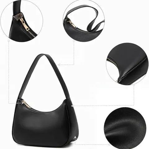 Minimalist Women PU Leather Half-Moon Hobo Shoulder Bag Simple Solid Color Litchi Pattern Underarm Bag Zipper Closure Handbag