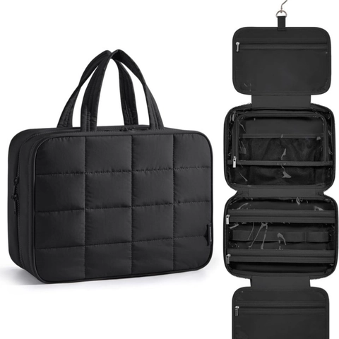 Necessaire da Viaggio Trapuntato ad Alta Capacità per Donna Organizer Portatile Impermeabile in Tessuto di Cotone con Gancio