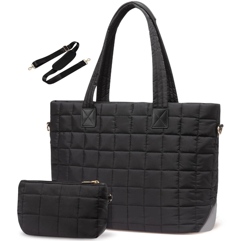 Large Quilted Tote Bag Waterproof Nylon Fashion Shoulder Bag With Padded Laptop Compartment And Small Pouch For Women Travel Commute