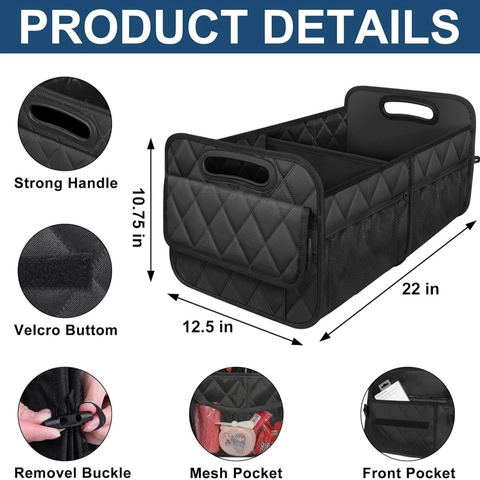 Large Foldable Car Trunk Organizer Diamond Lattice Storage Box Multi Compartments Waterproof Fabric Auto Interior Accessory Black