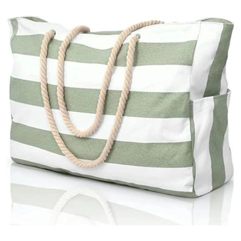 Large Capacity Waterproof Sandproof Beach Bag Foldable Polyester Tote Bag With Rope Handle Striped Travel Storage Bag For Women