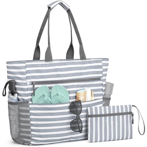 Large Capacity Oxford Beach Bag With Pouch Waterproof Sandproof Striped Travel Tote Handbag For Women Vacation Storage
