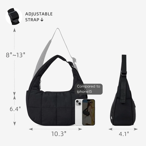 Women Quilted Nylon Shoulder Bag Lightweight Puffy Hobo Handbag With Adjustable Strap Solid Color Casual Crossbody Bag