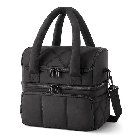 Gewatteerde Nylon Dubbellaagse Geïsoleerde Lunchtas Voor Dames Draagbare Thermische Bento Tas Waterdichte Picknick Koeltas Met Verstelbare Riem