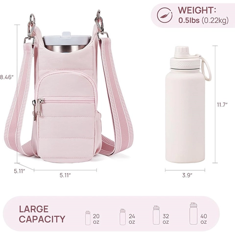 Quilted Nylon Water Bottle Bag With Adjustable Stripe Strap Crossbody Hiking Travel Outdoor Bottle Carrier Storage Bag