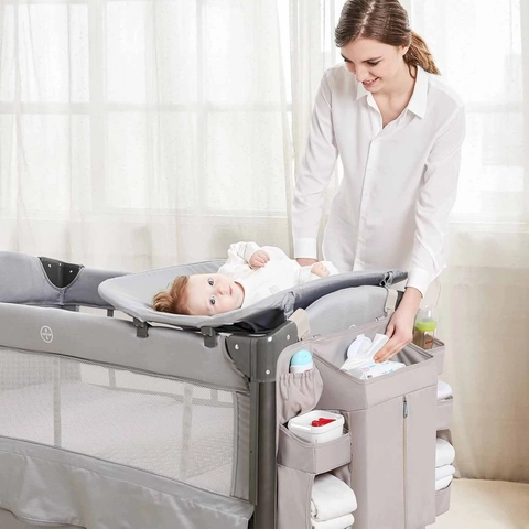 Crib Hanging Organizer Polyester Multi-Pocket Diaper Caddy For Nursery Bedside Storage Bag Zippered Shelves