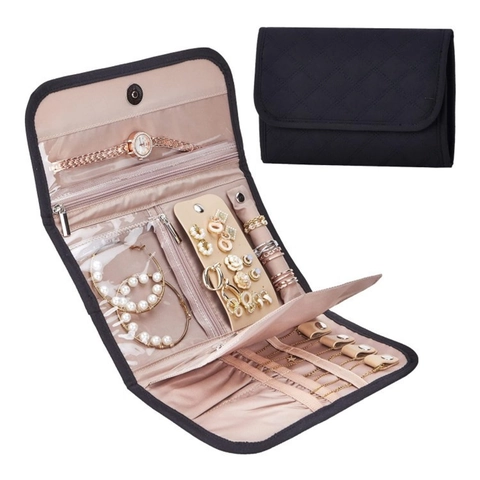 Bolsa de Almacenamiento de Joyas Plegable Portátil Estuche de Viaje para Anillos Pendientes Collares Poliéster Acolchado Forro de Satén Organizador Regalo