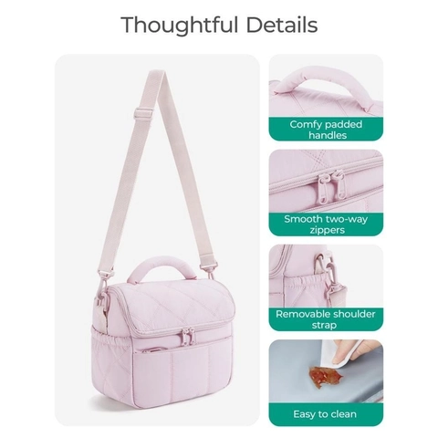 Quilted Insulated Lunch Bag For Women Puffy Waterproof Thermal Meal Box With Adjustable Strap Portable Picnic Tote Bag