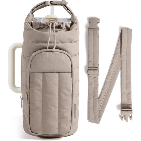 Quilted Water Bottle Carrier Bag With Adjustable Shoulder Strap Portable Bottle Sleeve With Zipper Pocket For Outdoor Travel