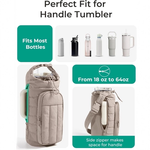 Quilted Water Bottle Carrier Bag With Adjustable Shoulder Strap Portable Bottle Sleeve With Zipper Pocket For Outdoor Travel