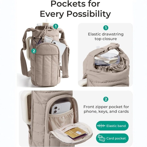 Quilted Water Bottle Carrier Bag Adjustable Shoulder Strap Front Zipper Pocket Portable Crossbody For Outdoor Sports