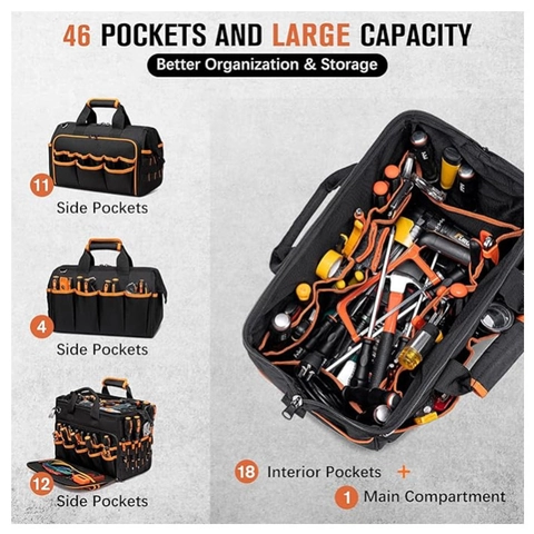 Sac à Outils Robuste Professionnel Tissu Oxford Durable 46 Poches Rangement à Large Ouverture Avec Bandoulière Réglable