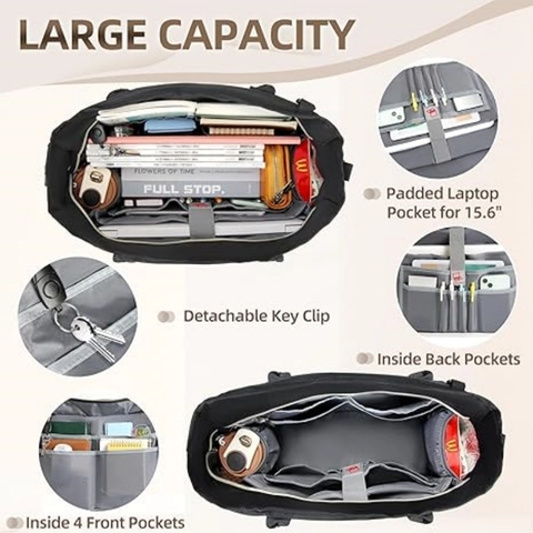 Large Capacity Laptop Tote Bag For Women Water Resistant Nylon Multi Pocket Business Work Travel Shoulder Handbag