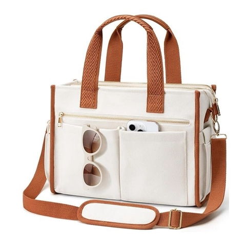 Grote Capaciteit Dames Canvas Tote Bag Meerdere Zakken Laptop Handtas Voor Leraren Werk Woon-Werkverkeer Schoudertas Met Pad Strap